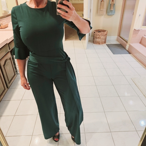 Womens Medium half sleeve Belted green one piece pants jumpsuit - Picture 8 of 9
